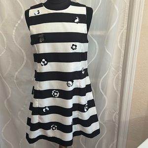 Black & White Striped Dress With Plastic Flower Appliqués, Size Large